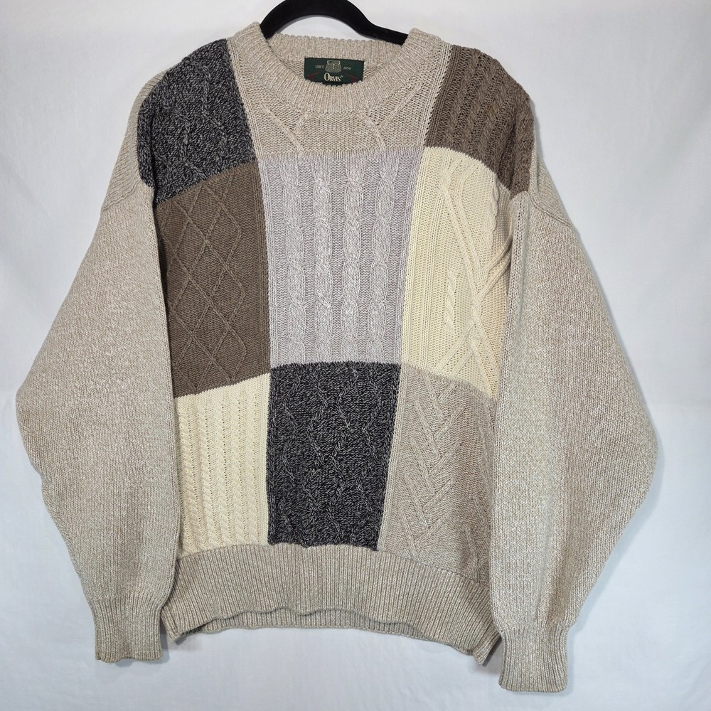 90s Orvis Patchwork Fisherman Sweater Large Cotton Chunky Knit Outdoorsman